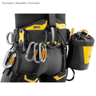 Astro Bod Fast climbing harness by Petzl with several carabiners and a black and yellow pocket on the hip, worn by one person