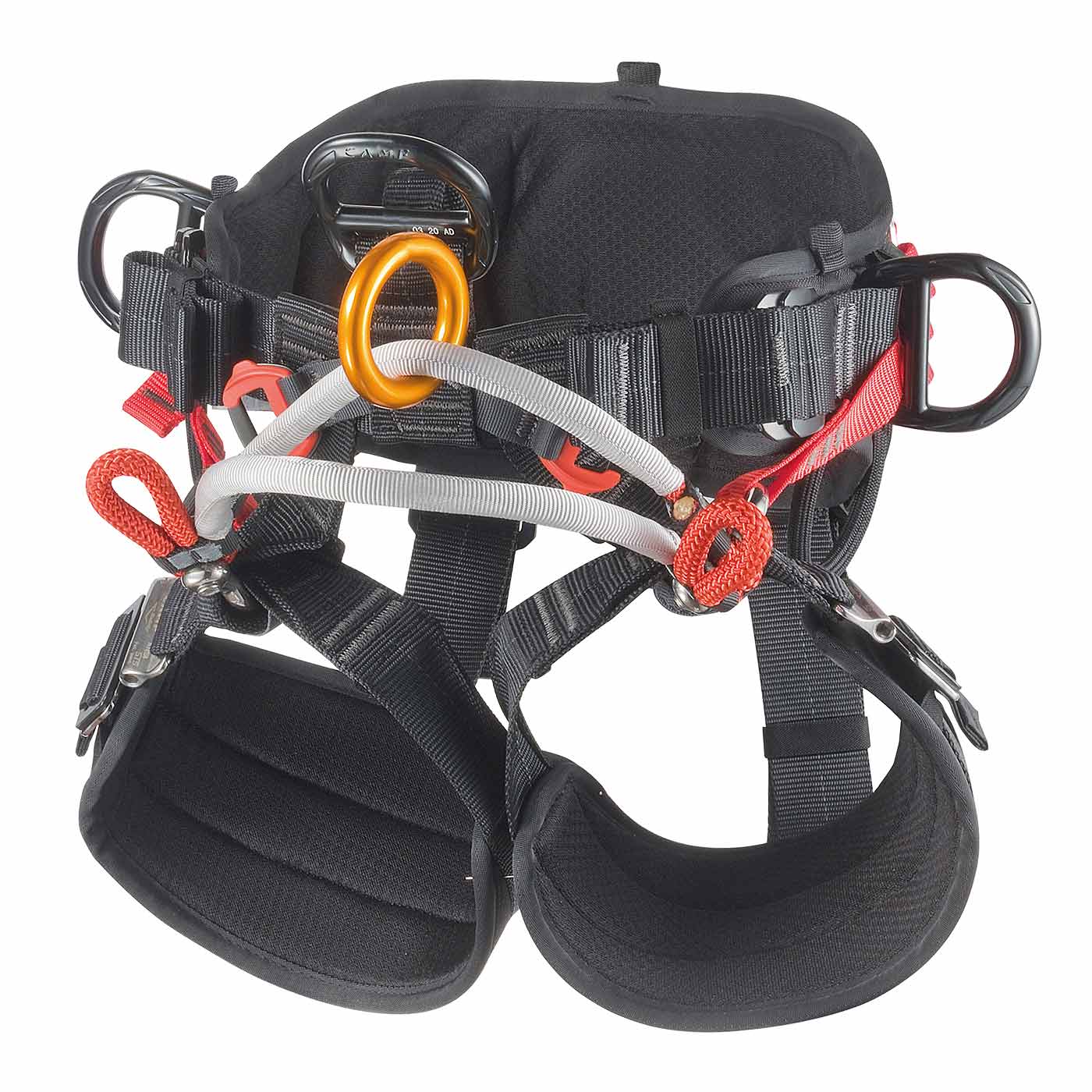 Climbing harness Tree Access ANSI ST in black with red and grey loops and metal rings, padded