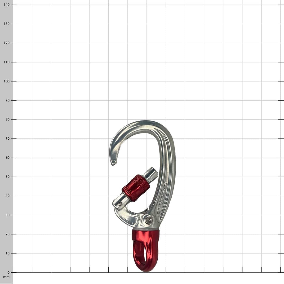 XSRE Swivel Lock Snap Hook in Silver with Red Twist Lock and Red Swivel Open, Against a Checkered Background