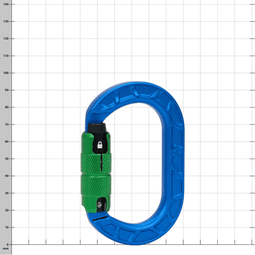 karaT carabiner in blue with green screw cap, in front of a white background with grid