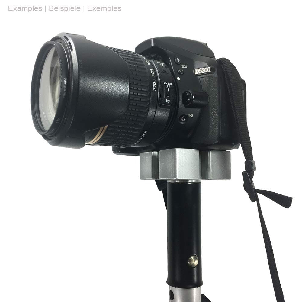 Black camera with lens on a tripod, mounted on the ArboRapid MediaAdapter plate