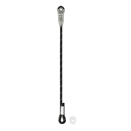Petzl Jane-I, gray belay device with black rope with yellow dots and white stitching, plus a small transparent plastic ring
