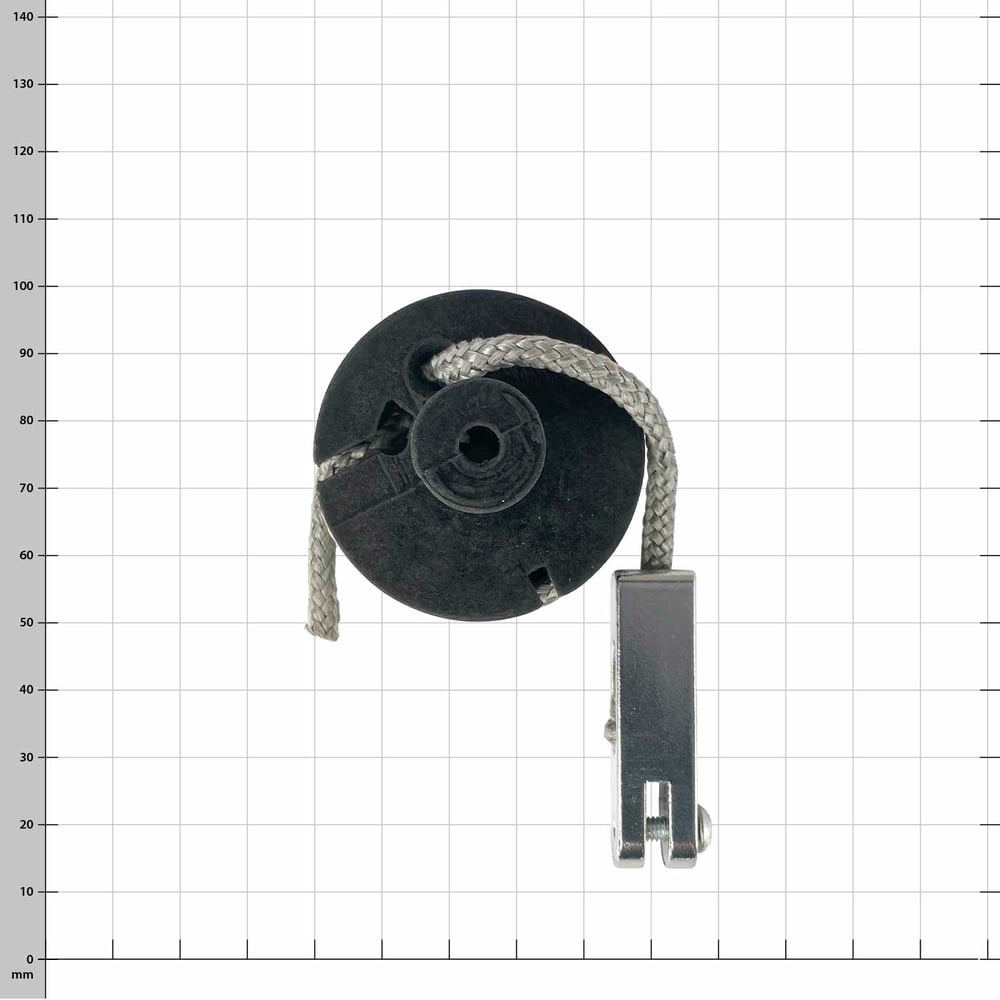 Helium rope system scissor head v2, black round plastic body with gray rope and silver metal part, on checkered background