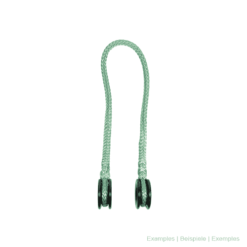 Rigging Ring M, two black rings on a green rope connected to a loop