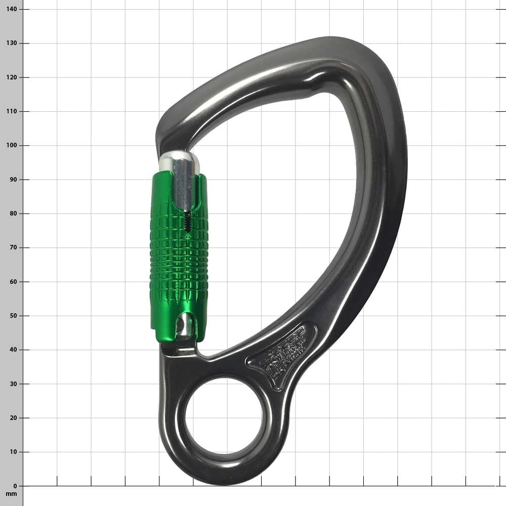 Captive Eye carabiner with green screw cap and round hole at the bottom, against a checkered background