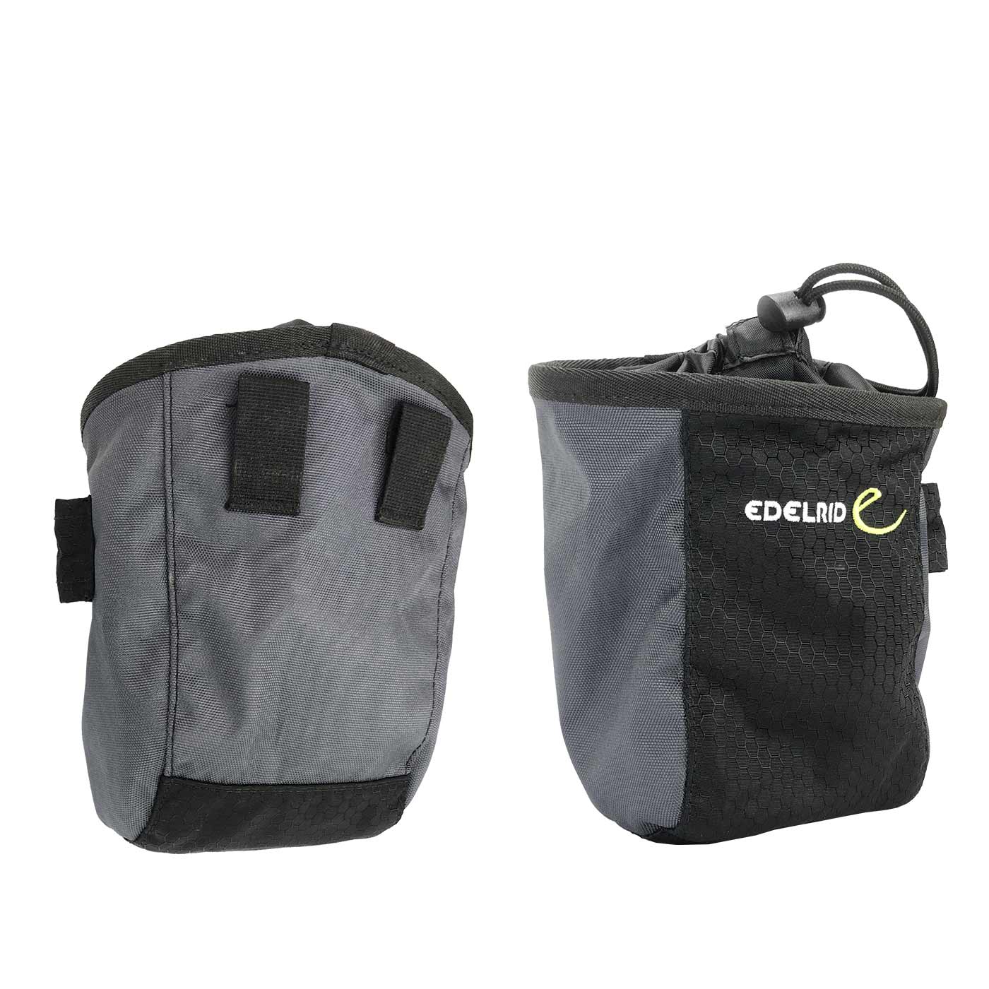 Two storage bags of the Edelrid Minilift, one from the front with drawstring and Edelrid logo, the other from the back with two loops