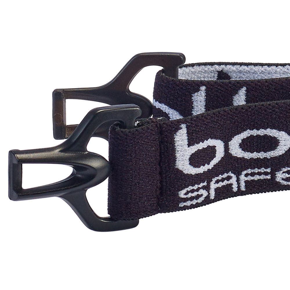 Close-up of the black clasp and black rubber band with white inscription "bollé SAFETY" of the Baxter spare parts kit