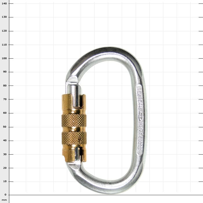 Pillar Steel Auto Carabiner made of steel with gold-coloured screw cap, shown closed