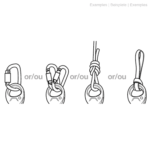Black and white drawing of four different attachment types for the Petzl Spin L1 pulley with carabiners and rope loops