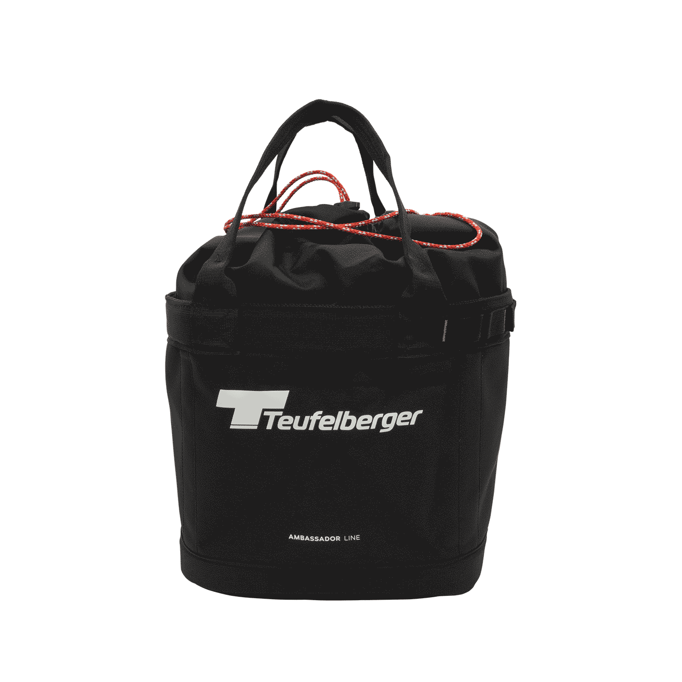 Bucket Mule by Teufelberger, black round bag with two black handles and red cord closure, front with white Teufelberger logo and lettering "AMBASSADOR LINE"