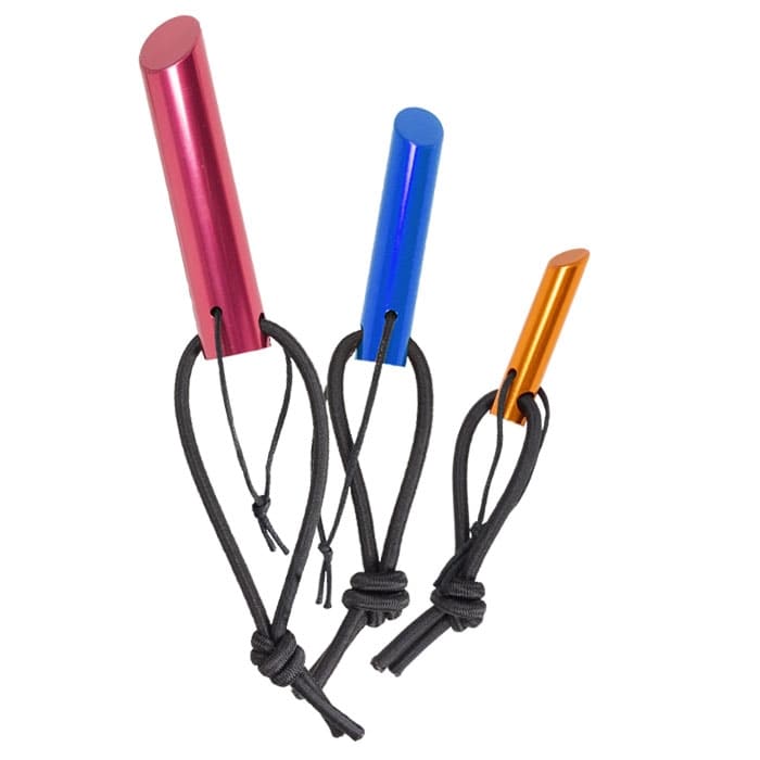 Rope Pin Set with three colored pins in red, blue and orange, each with black loop