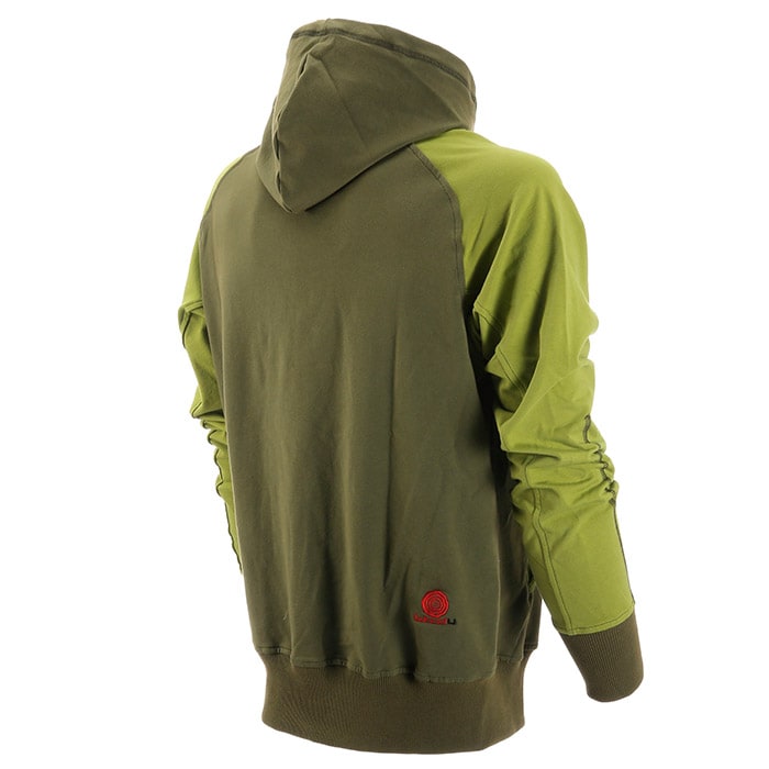 Forest WoodU hoodie in two shades of green from the back with a small red logo on the lower back