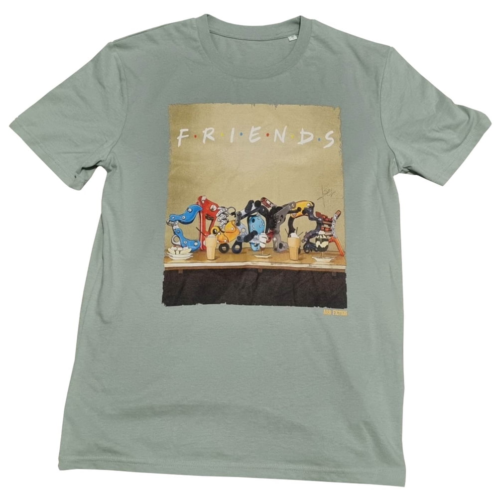 T-shirt with the imprint "Friends" and an illustration of mechanical parts in different colors on a table, title "Friends" visible