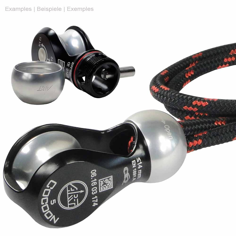 Cocoon 5, black and silver rope roller with red and black rope, partially opened and disassembled