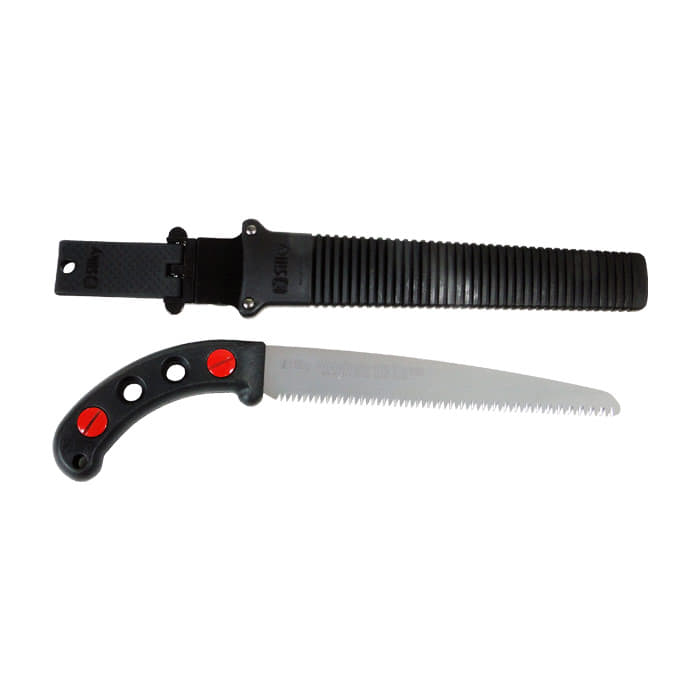 Gomtaro Root 240-8 hand saw with black handle and serrated blade, plus black protective cover with grooved structure and fastening strap