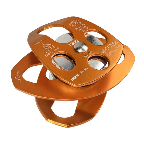 Extra Double KONG Italy Pulley in Orange with Two Pulleys, Photographed at a Slight Angle from Above