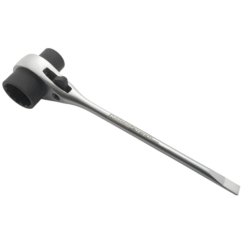 RatchetScrench, a silver ratchet wrench with a black cylindrical head and flat screwdriver end, with RatchetScrench lettering on the handle