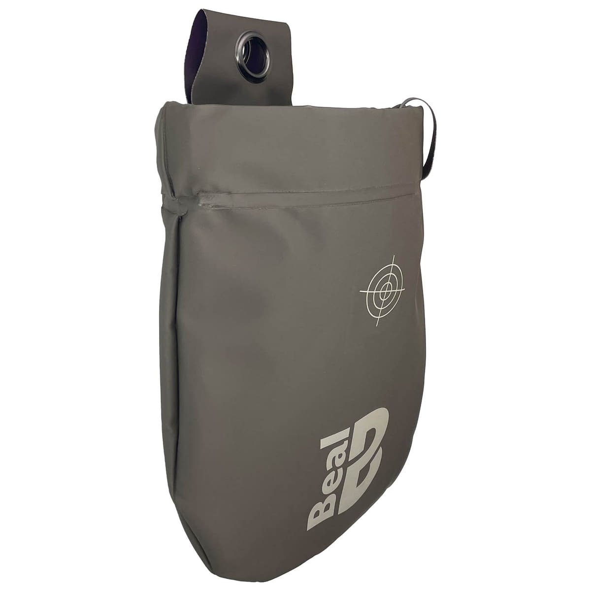 Beal Genius 2 grey bag with purple closure strap and white logo on the back, with target motif