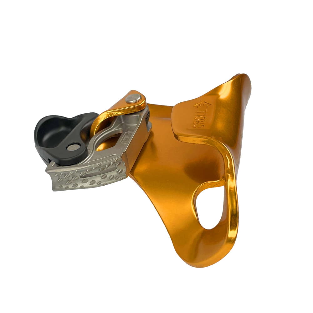 Croll L via ferrata in gold with black plastic part and silver metal part, product name Croll L visible from the side