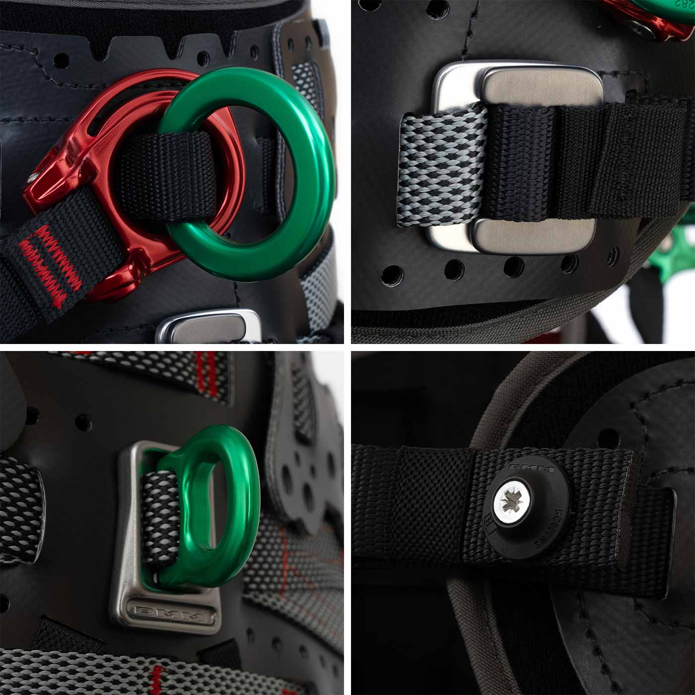 Kinisi Pro Climbing Harness Close-ups of Green Metal Rings, Buckles and Fasteners on Black Material