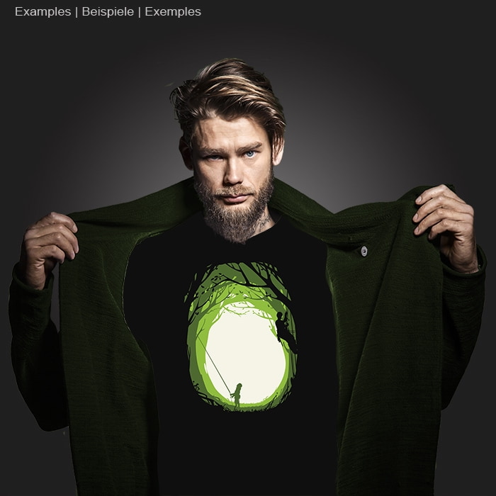 Inside Me black t-shirt with green and white forest and climbing motif, model worn by man