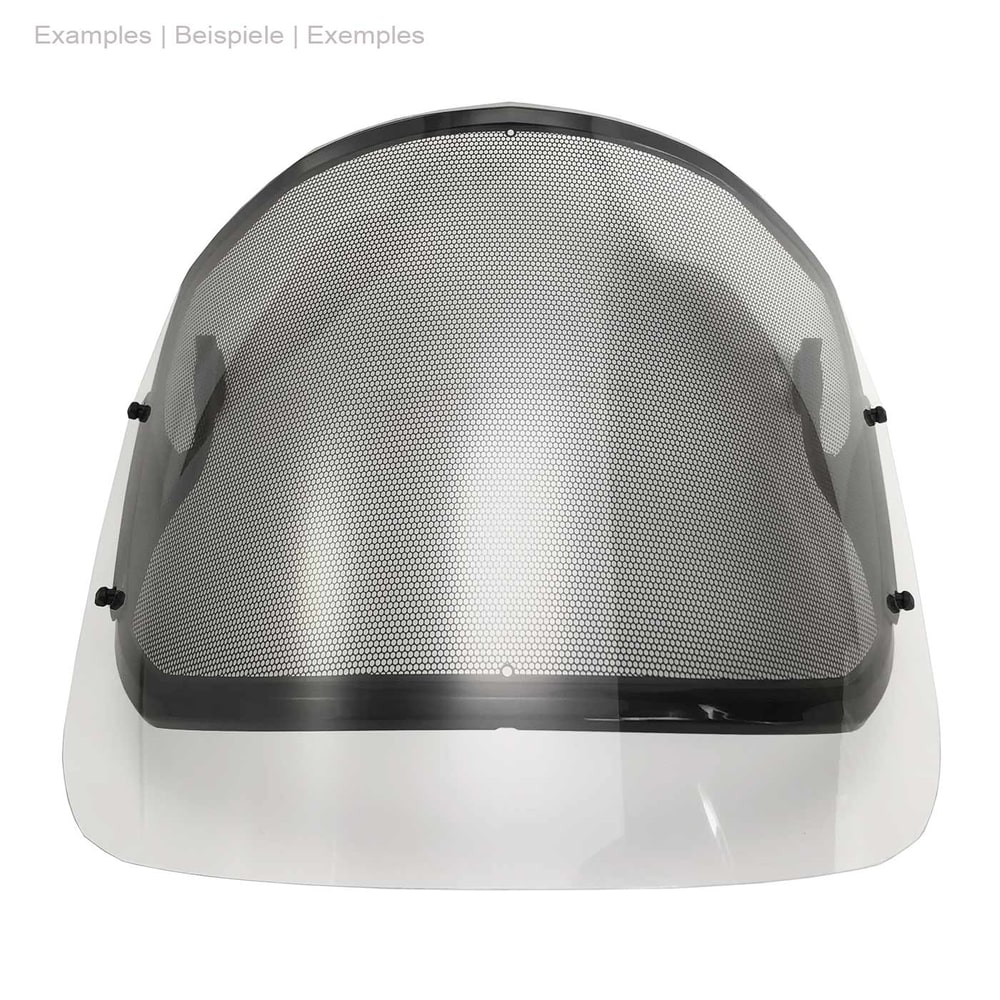 PROTOS® Visor Clip-On Clear, transparent visor with black frame and fine-meshed protective grille, front view