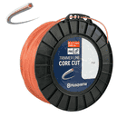Core-Cut 2.7/240 from Husqvarna, black spool with orange trimmer line, label with product information Ø 2.7 mm 240 m, close-up of an orange trimmer line end with cross-section