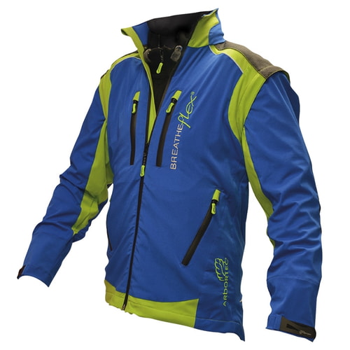 Breatheflex Pro Jacket in blue with green and grey accents, exposed front zip pockets and stand-up collar