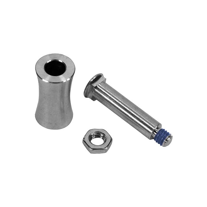 SpiderJack 3 Roller Roller Small Items consisting of a silver cylindrical roller, a screw with a blue threaded end and a hexagonal nut on a white background