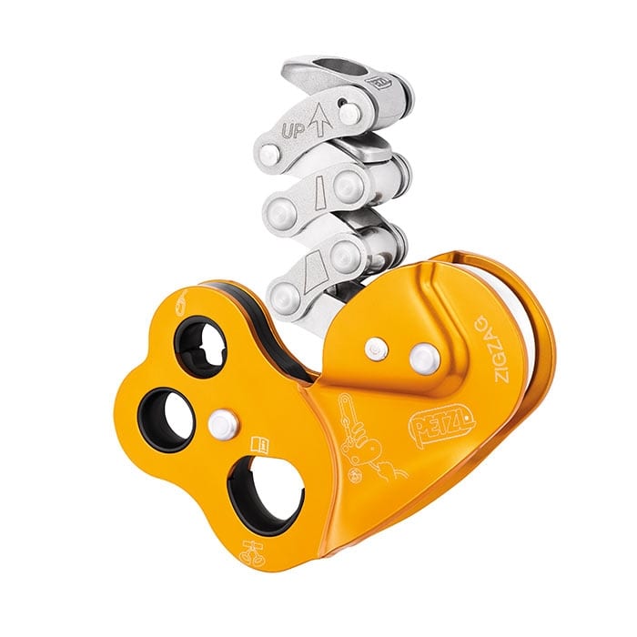 Petzl ZigZag yellow cable system with silver metal levers and several holes in the housing