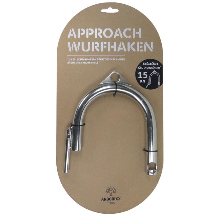Approach throwing hook from Arborixx Tools in brown packaging with white lettering and black sticker indicating a load capacity of 15 kN