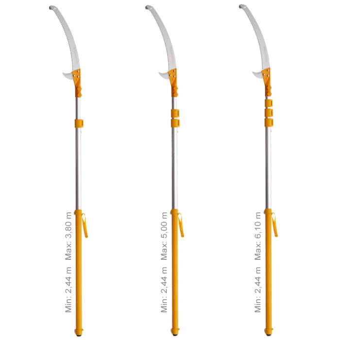 Three Hayate 380 tree saws with telescopic rods in different lengths, all with curved saw blade and orange handle, each with dimensions of length from 2.44 m to 3.80 m, 5.00 m and 6.10 m