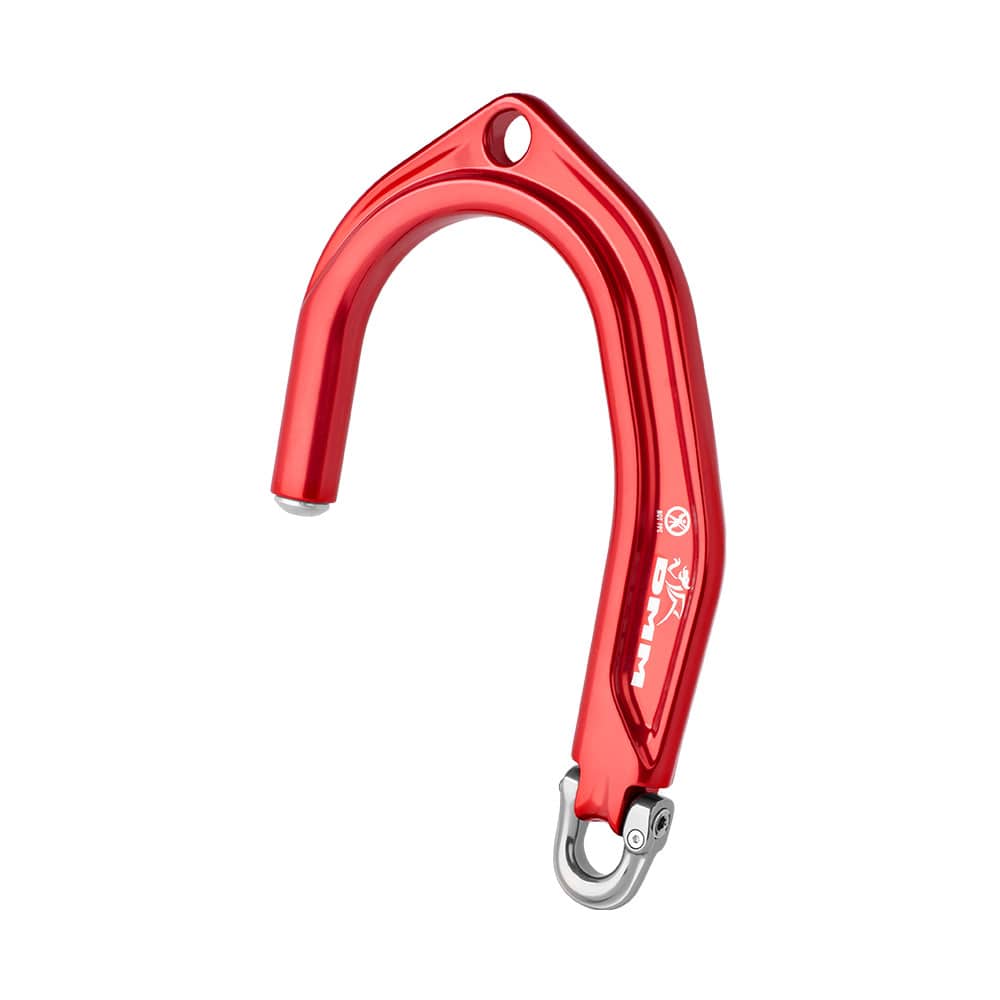 Captain by DMM, red bent metal part with a hole at the top and a silver hook at the bottom