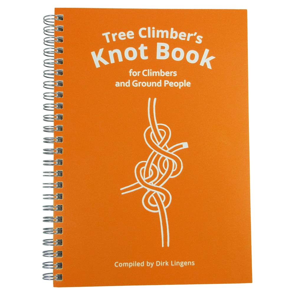 Orange spiral notebook with white text "Tree Climber's Knot Book for Climbers and Ground People" and a white knot drawing, written by Dirk Lingens, product name Tree Climber's Knotbook