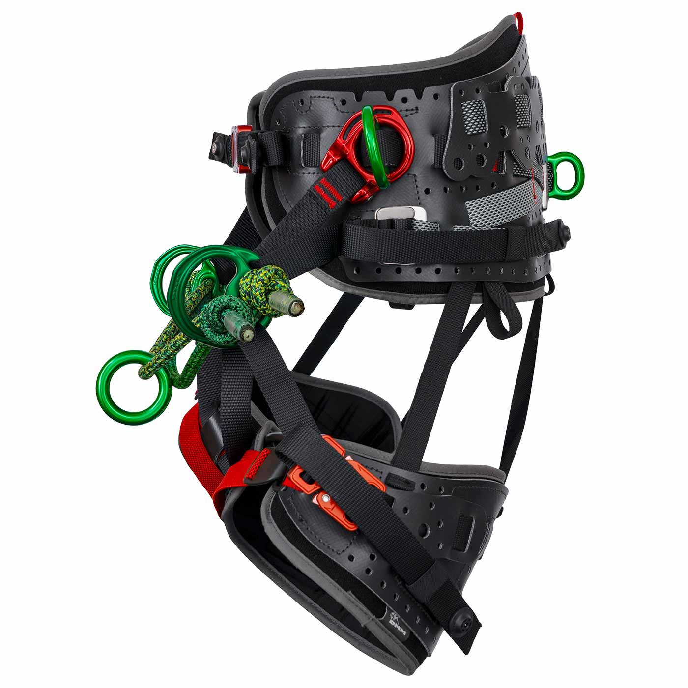 Kinisi Pro Harness with Black Padded Waist Belt, Green Metal Rings and Red Buckles, Right Side View