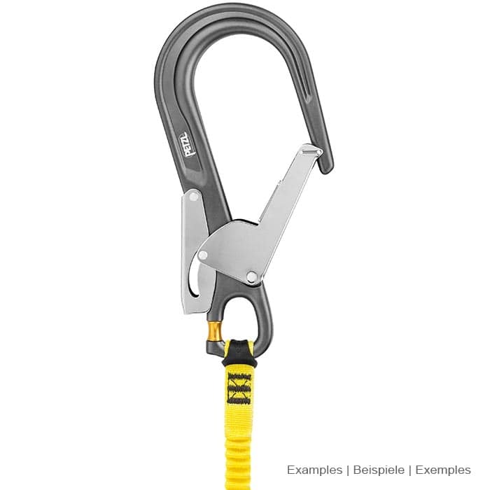 MGO Open 60 Snap Hook by Petzl in Black with Silver Safety Clasp and Yellow Twist Clasp, Attached to a Yellow Ribbon, Against a White Background