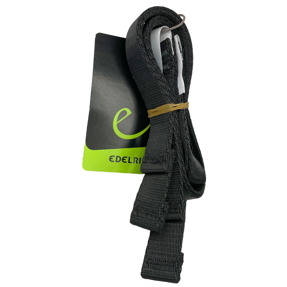 Black, folded webbing straps with green-black label, manufacturer Edelrid, product name TreeRex Leg Loops