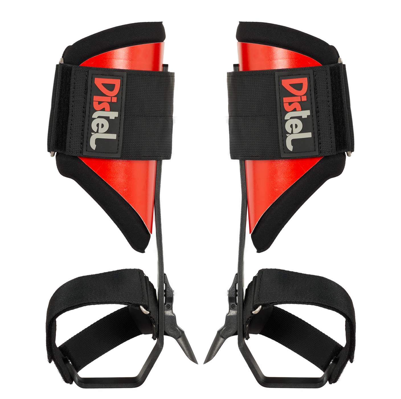 Distel Steel Velcro by Distel, two red and black steel spurs with Velcro and black straps, photographed from the front