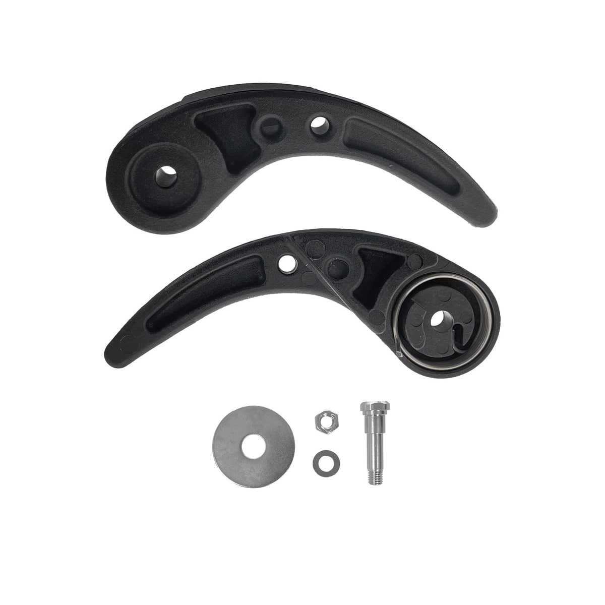 LOV release lever, two black curved plastic levers and four metal parts, including a washer, a nut, a small washer and a screw
