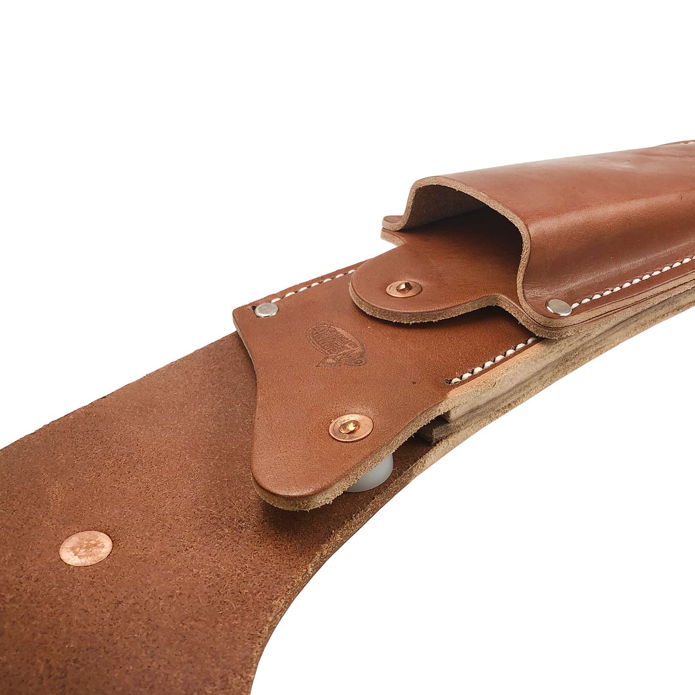 Close-up of the leather holster KR/S with visible tab and snap button, brown leather with white stitching and metal studs
