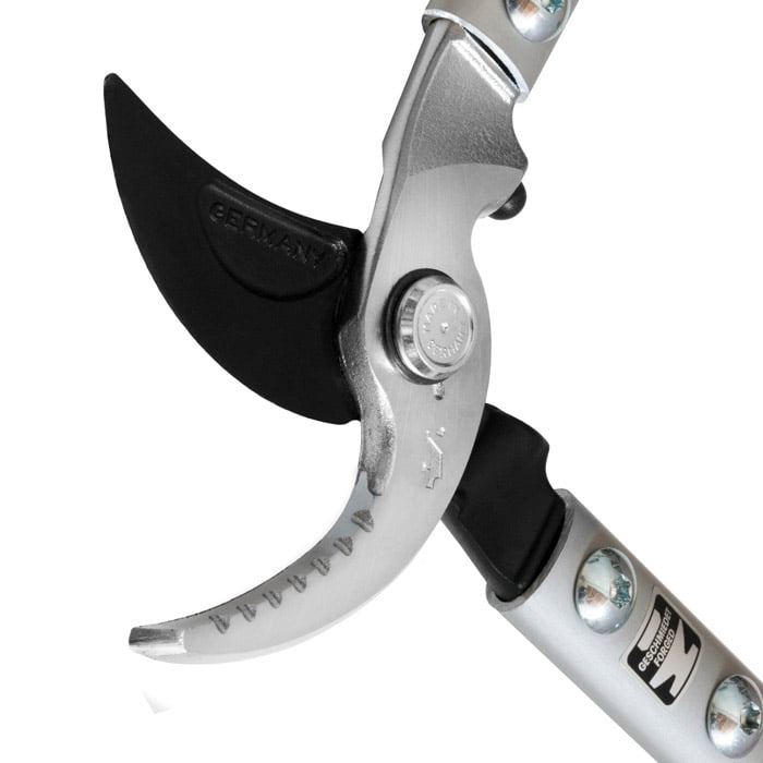 Close-up of the black and silver blade of the Berger 4210 secateurs with engraving "Germany"