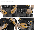 Astro Bod Fast harness by Petzl in close-up with a person operating various fasteners and buckles of the harness with gloves