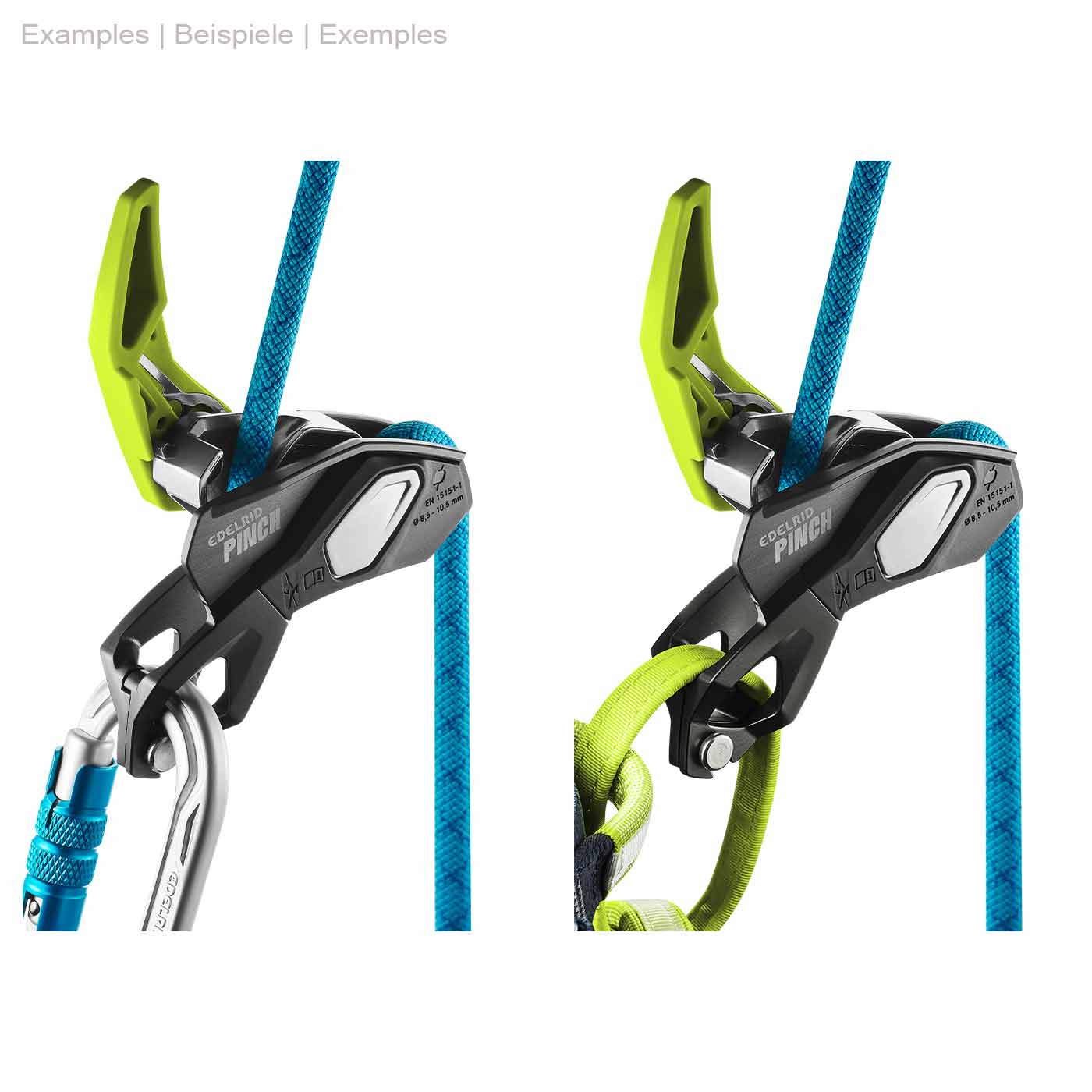 Two Climbing Frames Pinch by Edelrid in Black and Green with Blue Rope and Snap Hook