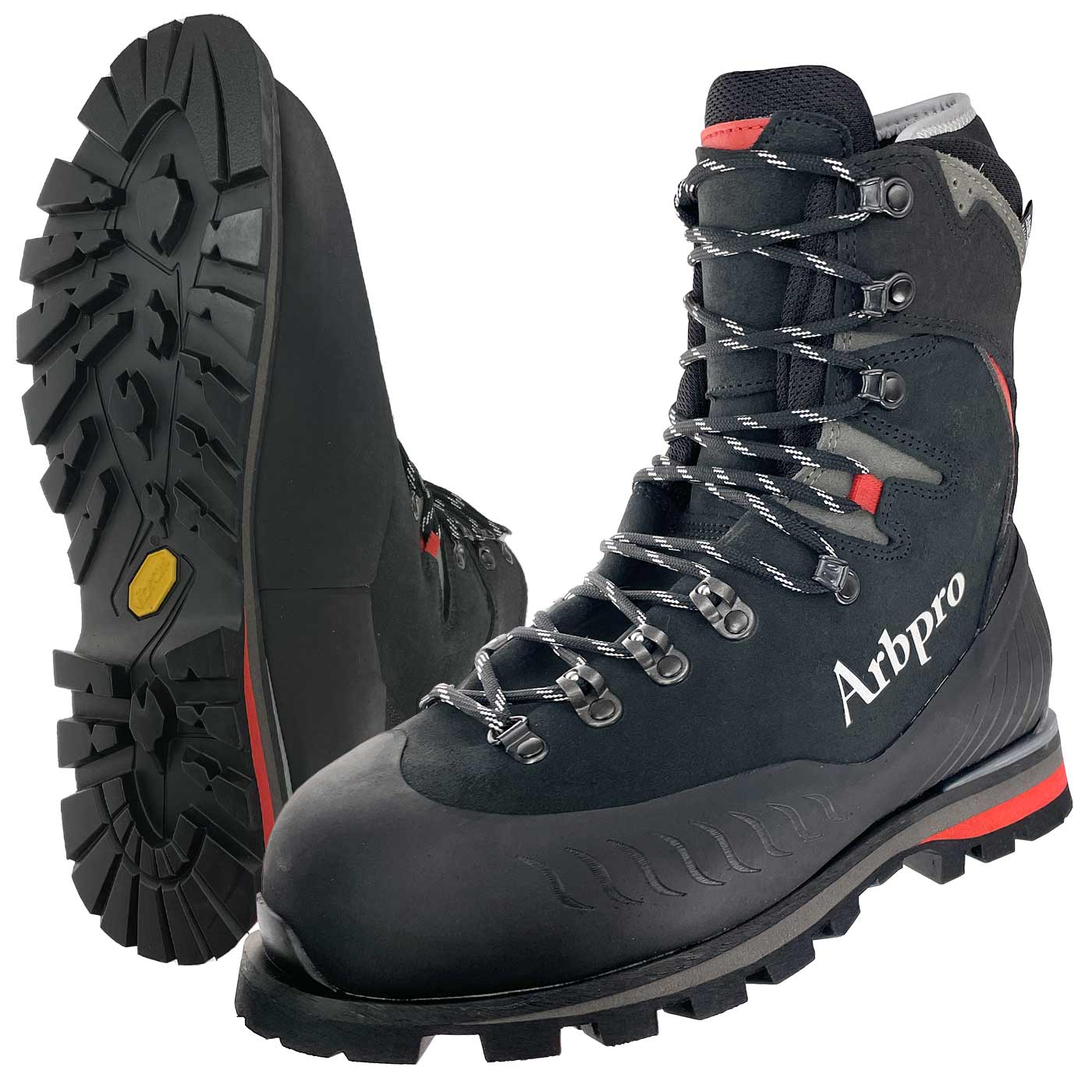Orion Arbpro black high work shoe with laces and lugged sole, front and side view