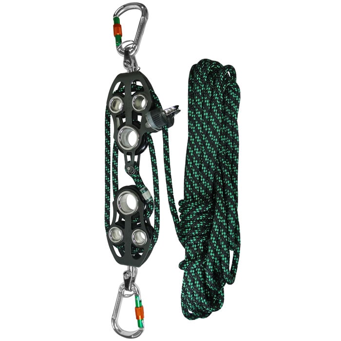 Fiddle block set with two black pulleys, two carabiners with orange-green fasteners and green-black rope