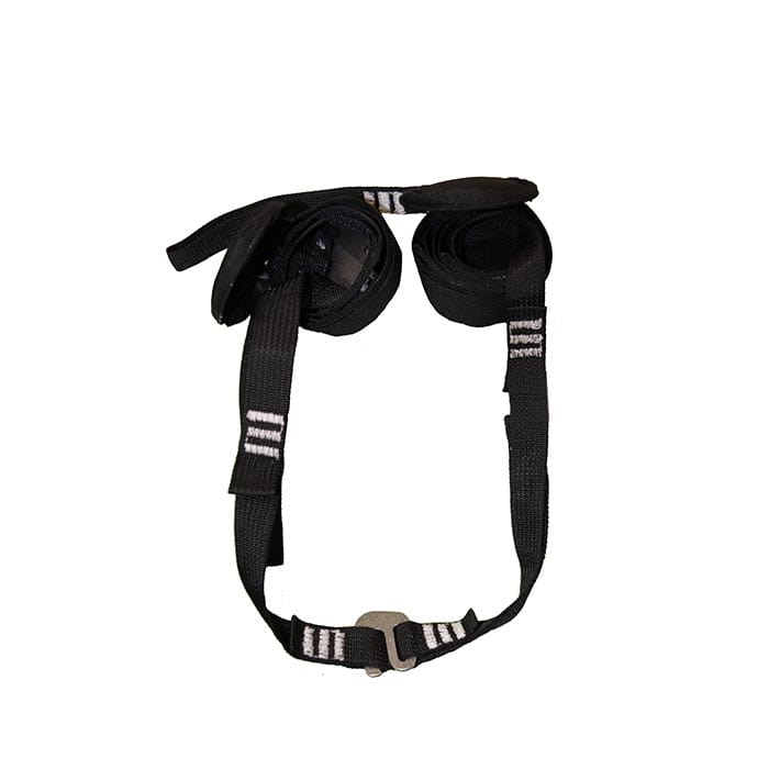 Relief straps, black straps with white markings and metal clasp, rolled up