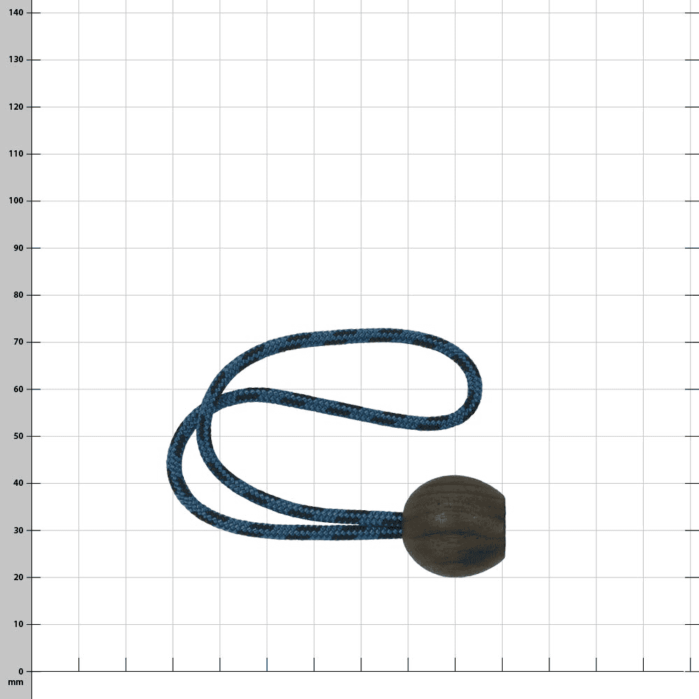 Walnut 22, a dark brown wooden ball with a blue and black rope