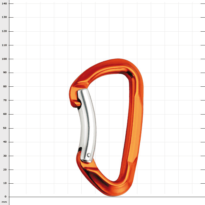 Lime Bent carabiner, orange with silver clasp, product name visible