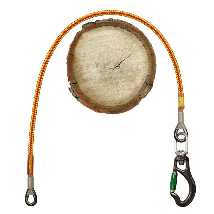 Flex Fly Sidewinder rope with snap hook, yellow-red, connected to a piece of tree trunk disc