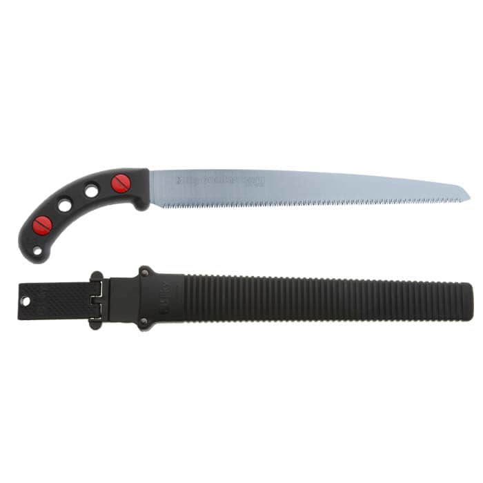 Gomtaro 300-13 saw with black handle and red accent, plus black plastic sheath with fluting
